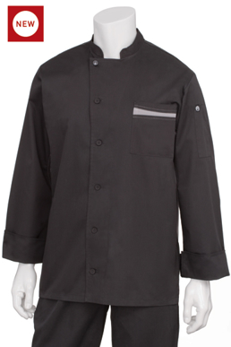Picture of Chef Works - VSLS-BGC - Lyss Black V Series LS Tunic Coat w Gray Trim